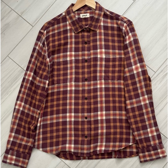 Pact Tops - Pact Brown and Burgundy Flannel Buttondown Long Sleeved Women’s Shirt Size XL